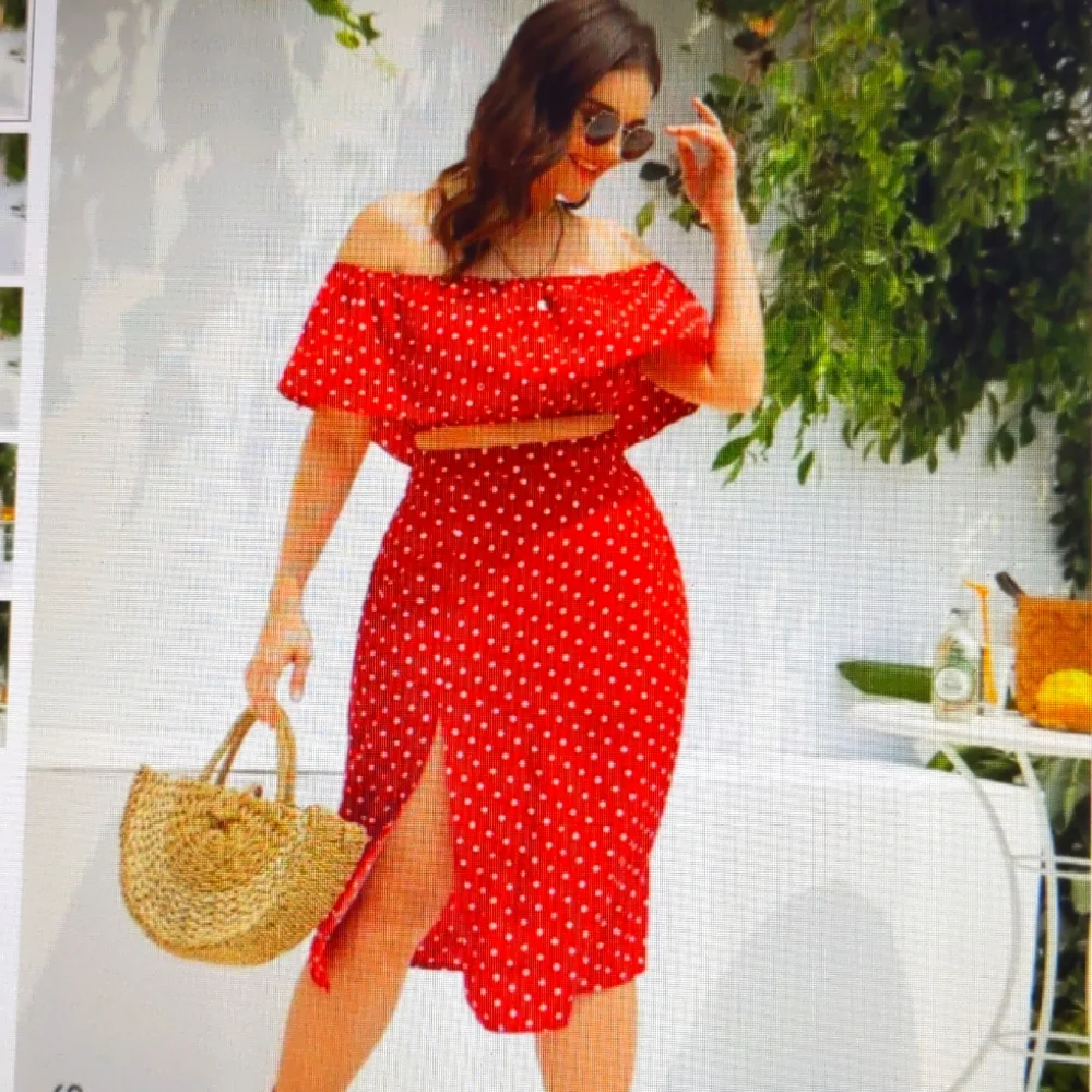 Green polka dot off shoulder top with split skirt by SHEIN, size 0XL (12) - Picture 1 of 5